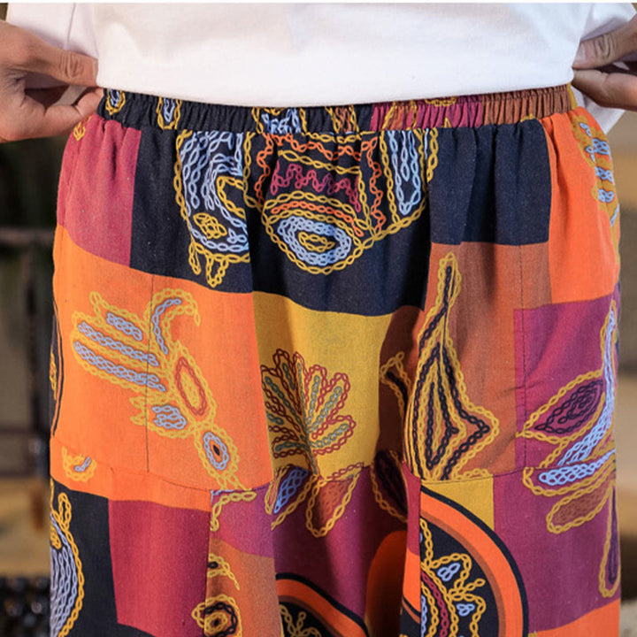 Pantalones harén de algodón con estampado de flores y cuadrícula de Buddha Stones para hombre con bolsillos - image 20