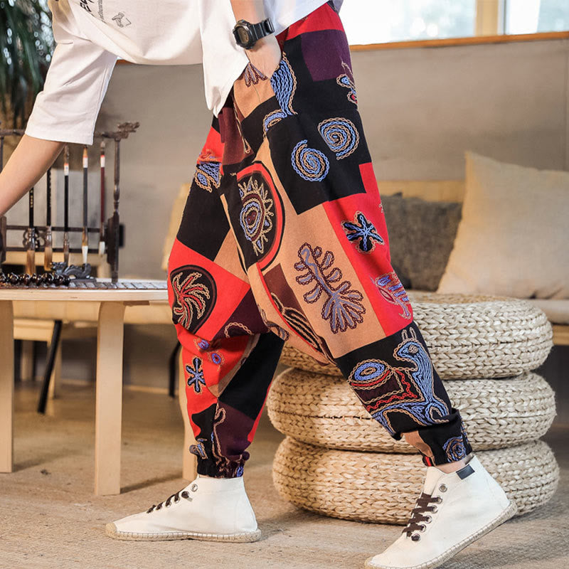 Pantalones harén de algodón con estampado de flores y cuadrícula de Buddha Stones para hombre con bolsillos - image 3