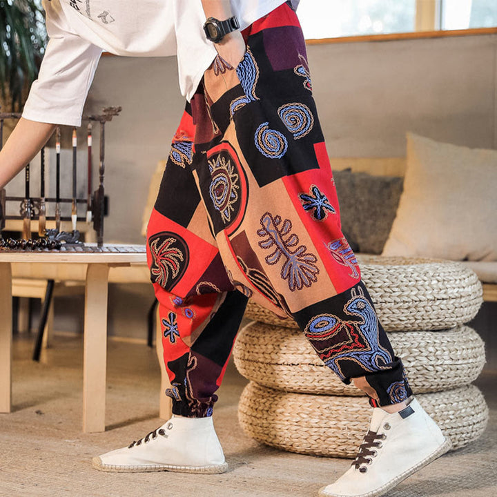 Pantalones harén de algodón con estampado de flores y cuadrícula de Buddha Stones para hombre con bolsillos - image 3