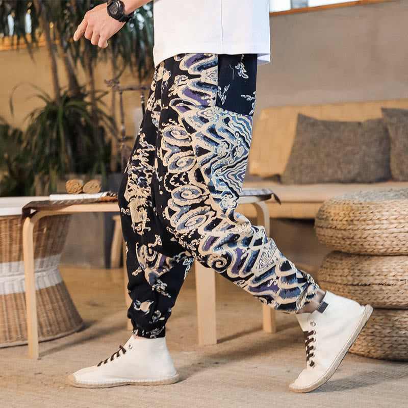 Pantalones harén de algodón con estampado de dragón chino y Buddha Stones para hombre con bolsillos - Negro - US/UK/AU42, EU52 (3XL) - image 0