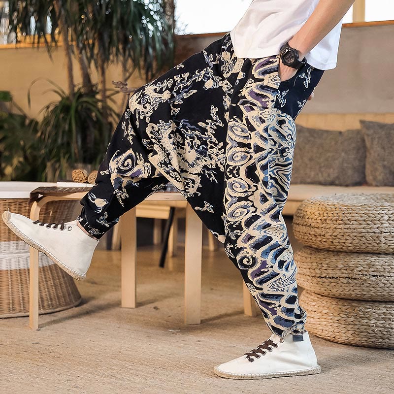 Pantalones harén de algodón con estampado de dragón chino y Buddha Stones para hombre con bolsillos - image 6