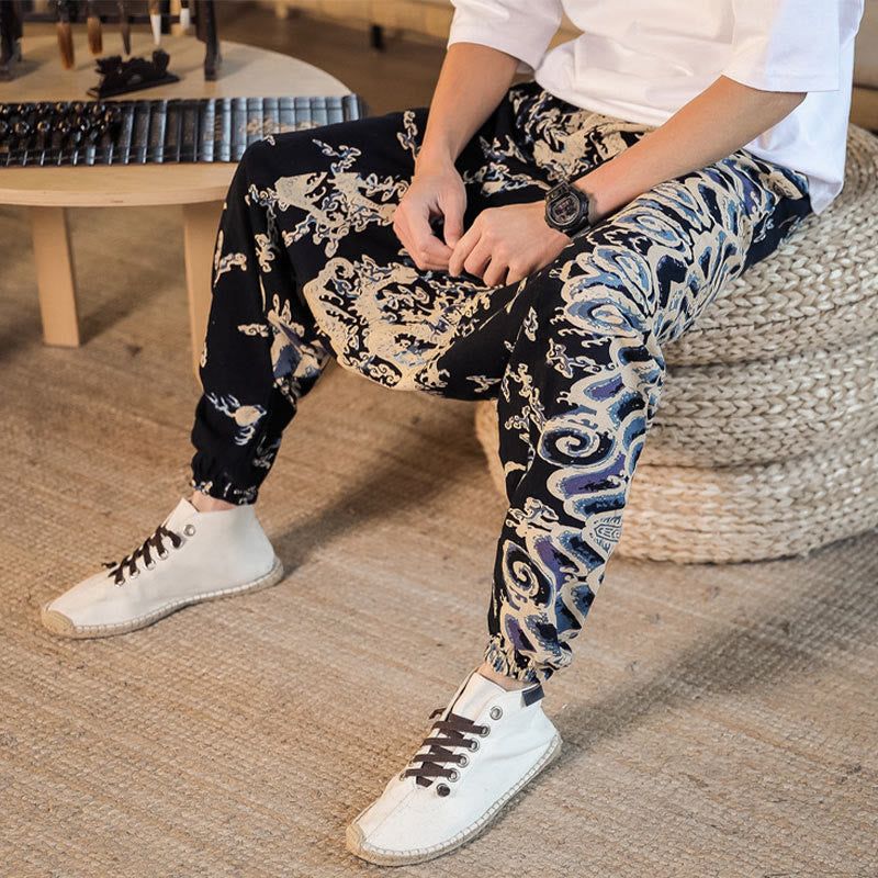 Pantalones harén de algodón con estampado de dragón chino y Buddha Stones para hombre con bolsillos - image 8