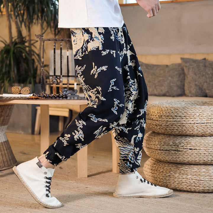 Pantalones harén de algodón con estampado de dragón chino y Buddha Stones para hombre con bolsillos - image 7