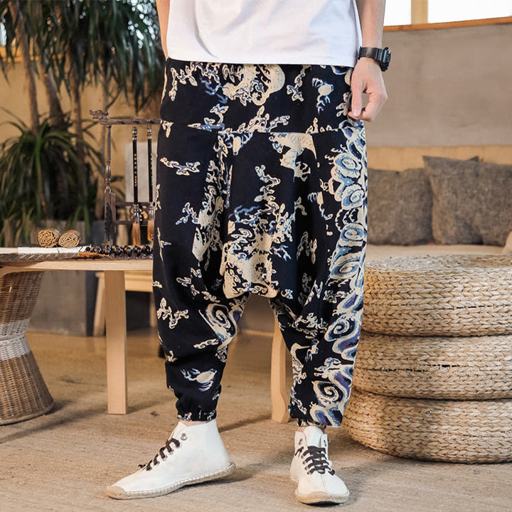 Pantalones harén de algodón con estampado de dragón chino y Buddha Stones para hombre con bolsillos - image 2