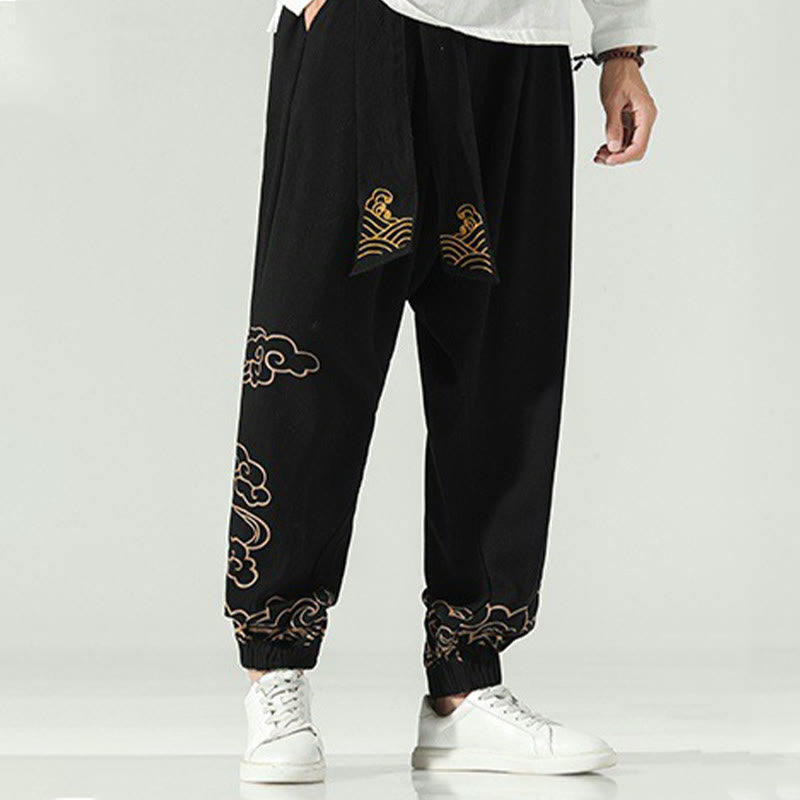 Pantalones harén de lino y algodón con cordón y bolsillos para hombre con nubes auspiciosas y Buddha Stones - image 5