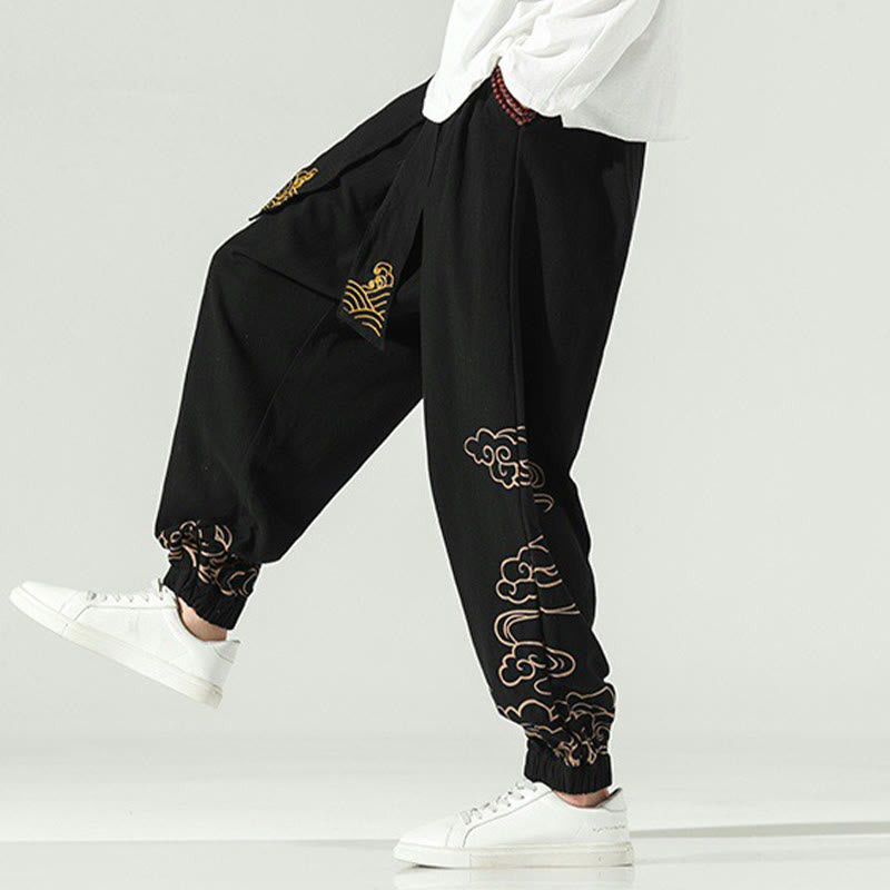 Pantalones harén de lino y algodón con cordón y bolsillos para hombre con nubes auspiciosas y Buddha Stones - image 7
