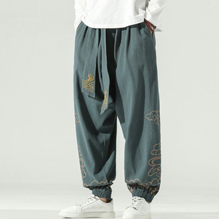 Pantalones harén de lino y algodón con cordón y bolsillos para hombre con nubes auspiciosas y Buddha Stones - image 24