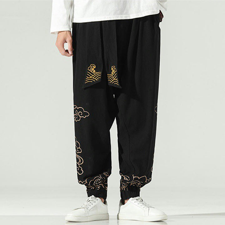 Pantalones harén de lino y algodón con cordón y bolsillos para hombre con nubes auspiciosas y Buddha Stones - image 2