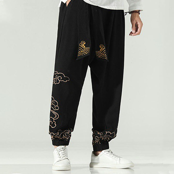 Pantalones harén de lino y algodón con cordón y bolsillos para hombre con nubes auspiciosas y Buddha Stones - image 5