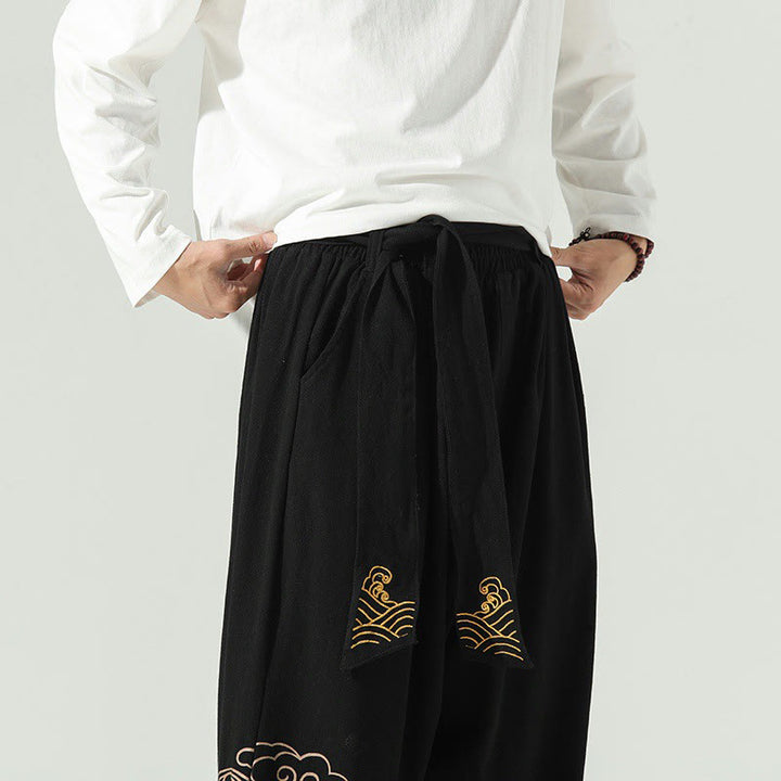 Pantalones harén de lino y algodón con cordón y bolsillos para hombre con nubes auspiciosas y Buddha Stones - image 10