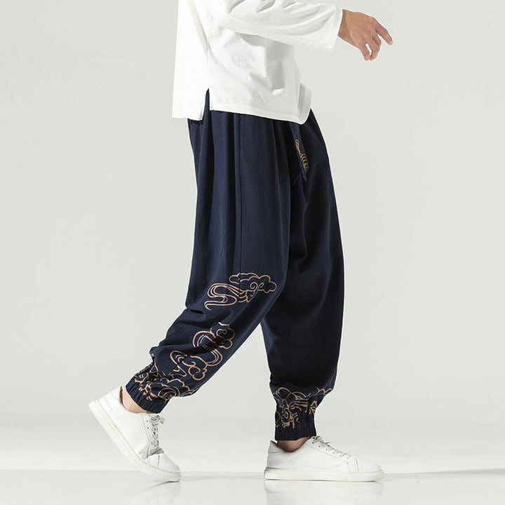 Pantalones harén de lino y algodón con cordón y bolsillos para hombre con nubes auspiciosas y Buddha Stones - image 12