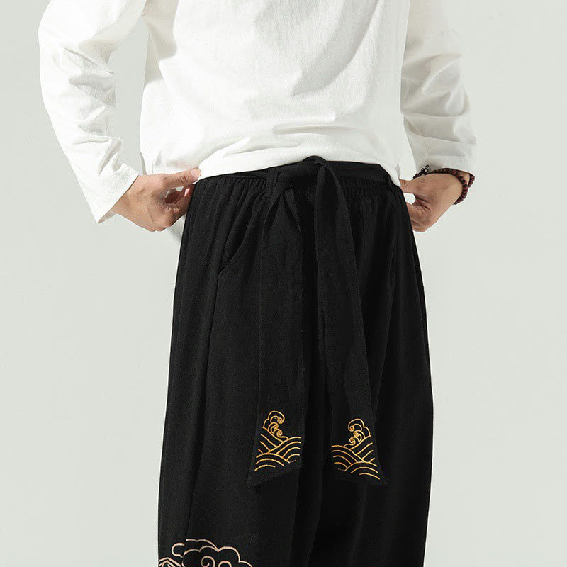 Pantalones harén de lino y algodón con cordón y bolsillos para hombre con nubes auspiciosas y Buddha Stones - image 10