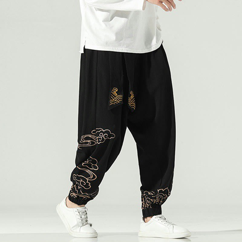 Pantalones harén de lino y algodón con cordón y bolsillos para hombre con nubes auspiciosas y Buddha Stones - image 3