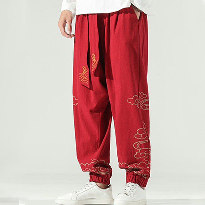 Pantalones harén de lino y algodón con cordón y bolsillos para hombre con nubes auspiciosas y Buddha Stones - image 19