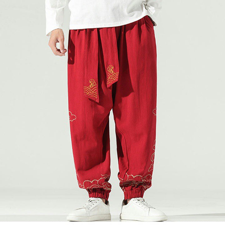 Pantalones harén de lino y algodón con cordón y bolsillos para hombre con nubes auspiciosas y Buddha Stones - image 16