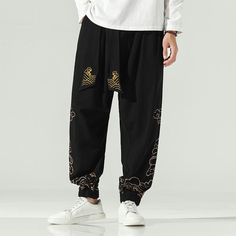 Pantalones harén de lino y algodón con cordón y bolsillos para hombre con nubes auspiciosas y Buddha Stones - Negro - US/UK/AU46, EU56 (5XL) - image 0