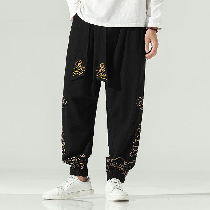 Pantalones harén de lino y algodón con cordón y bolsillos para hombre con nubes auspiciosas y Buddha Stones - Negro - US/UK/AU46, EU56 (5XL) - image 0