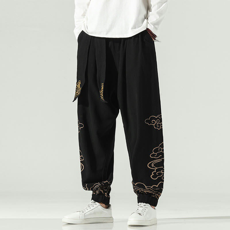 Pantalones harén de lino y algodón con cordón y bolsillos para hombre con nubes auspiciosas y Buddha Stones - image 6