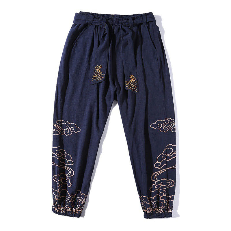 Pantalones harén de lino y algodón con cordón y bolsillos para hombre con nubes auspiciosas y Buddha Stones - image 14