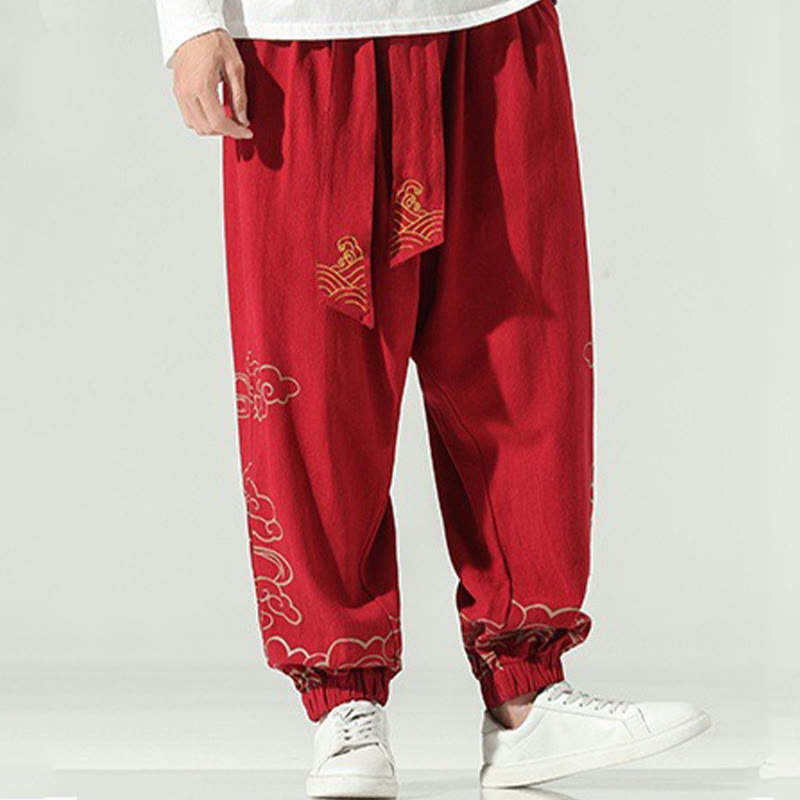 Pantalones harén de lino y algodón con cordón y bolsillos para hombre con nubes auspiciosas y Buddha Stones - image 17