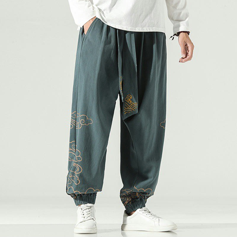 Pantalones harén de lino y algodón con cordón y bolsillos para hombre con nubes auspiciosas y Buddha Stones - cian oscuro - US/UK/AU46, EU56 (5XL) - image 22