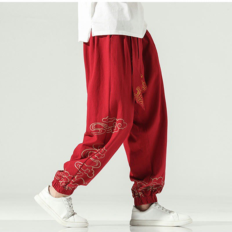 Pantalones harén de lino y algodón con cordón y bolsillos para hombre con nubes auspiciosas y Buddha Stones - image 21