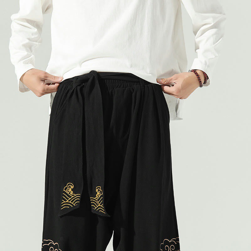 Pantalones harén de lino y algodón con cordón y bolsillos para hombre con nubes auspiciosas y Buddha Stones - image 9