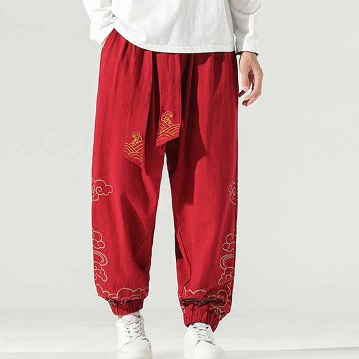Pantalones harén de lino y algodón con cordón y bolsillos para hombre con nubes auspiciosas y Buddha Stones - Rojo - US/UK/AU46, EU56 (5XL) - image 15