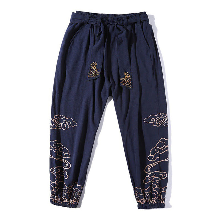 Pantalones harén de lino y algodón con cordón y bolsillos para hombre con nubes auspiciosas y Buddha Stones - image 14