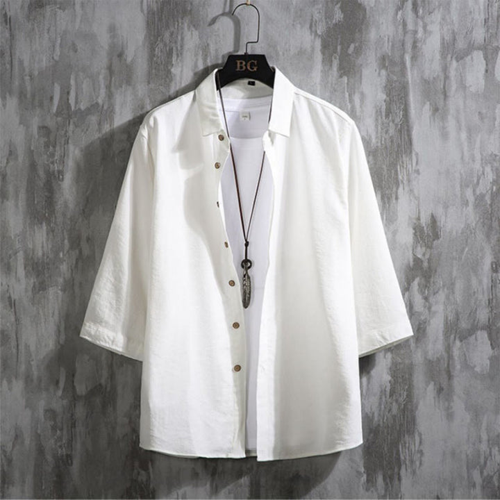 Camisa informal de hombre con mangas tres cuartos y botones delanteros de color liso con Buddha Stones - Blanco - US/UK/AU50, EU60 (7XL) - image 0