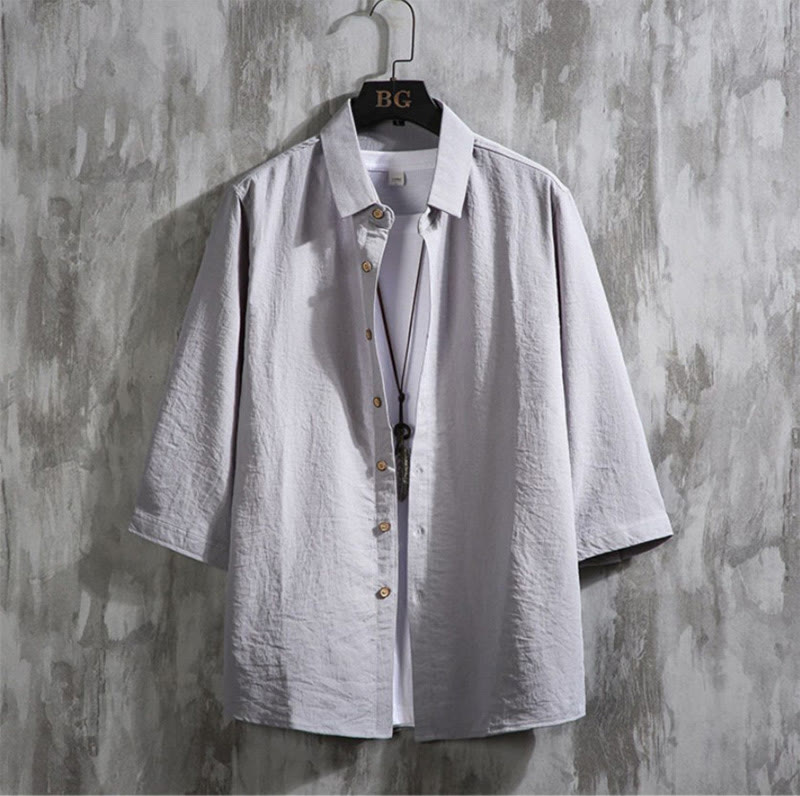 Camisa informal de hombre con mangas tres cuartos y botones delanteros de color liso con Buddha Stones - Gris - US/UK/AU50, EU60 (7XL) - image 14