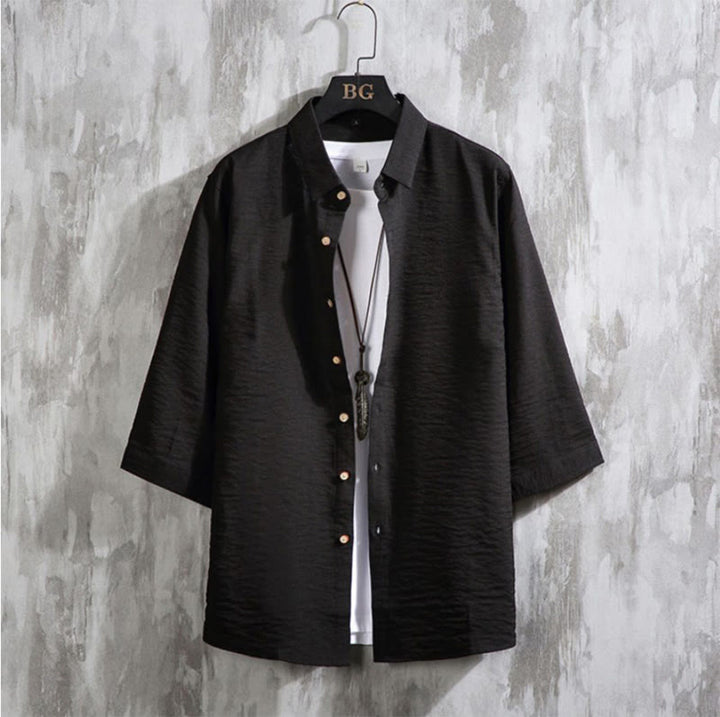 Camisa informal de hombre con mangas tres cuartos y botones delanteros de color liso con Buddha Stones - Negro - US/UK/AU50, EU60 (7XL) - image 12