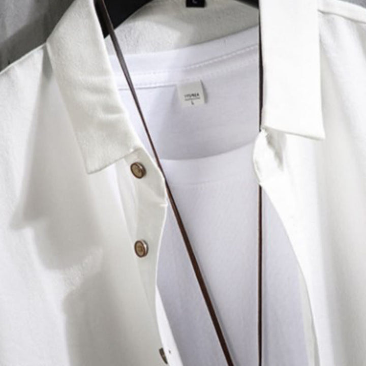 Camisa informal de hombre con mangas tres cuartos y botones delanteros de color liso con Buddha Stones - image 2