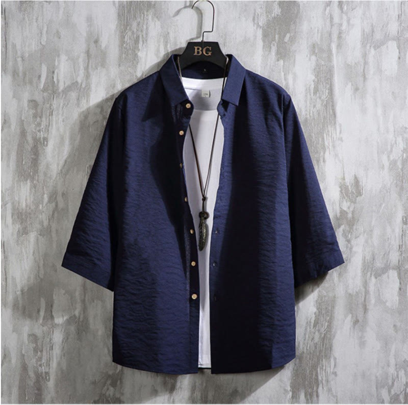 Camisa informal de hombre con mangas tres cuartos y botones delanteros de color liso con Buddha Stones - Azul medianoche - US/UK/AU50, EU60 (7XL) - image 16