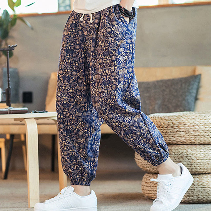 Pantalones harén de lino y algodón con cordón y estampado de mandalas doradas con Buddha Stones para hombre con bolsillos - Azul oscuro - US/UK/AU46, EU56 (5XL) - image 0