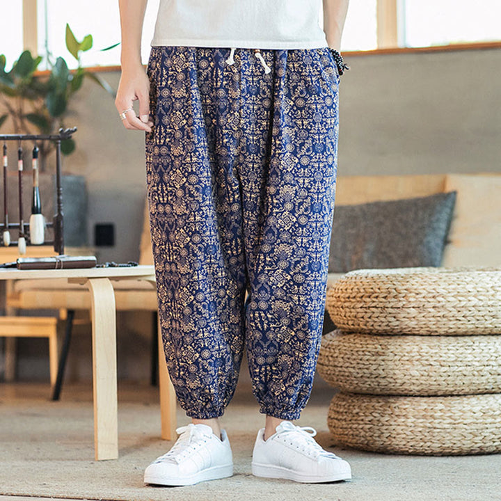 Pantalones harén de lino y algodón con cordón y estampado de mandalas doradas con Buddha Stones para hombre con bolsillos - image 5