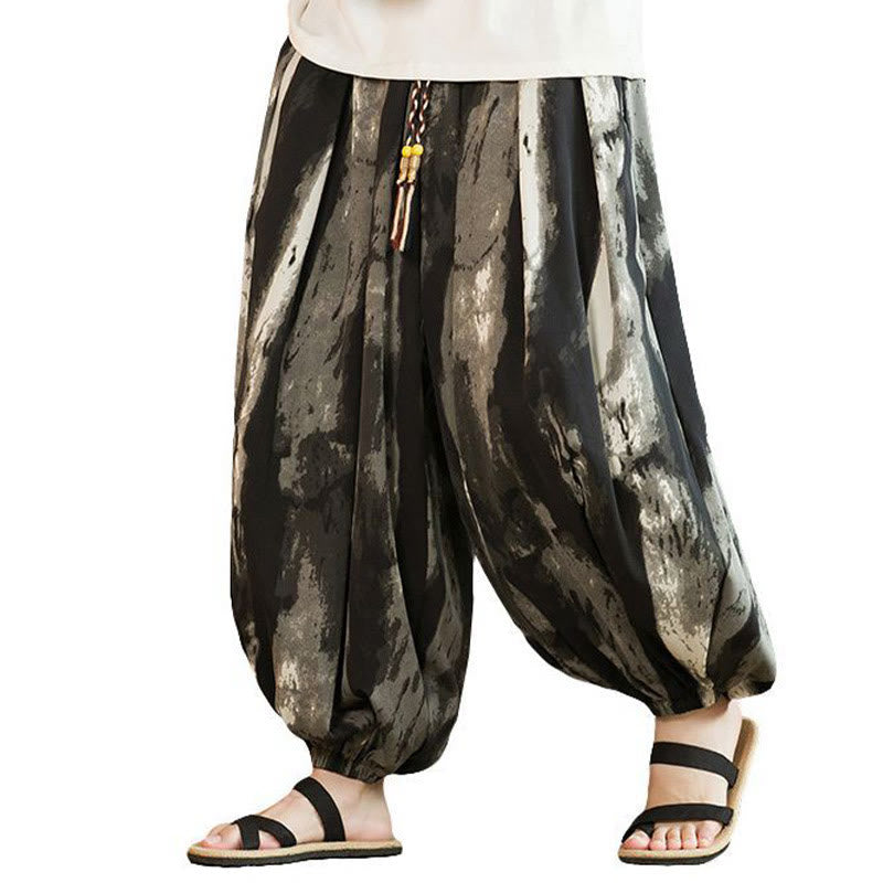 Pantalones harén de lino y algodón con degradado de tinta blanca y negra con Buddha Stones y cordón trenzado para hombre con bolsillos - image 7