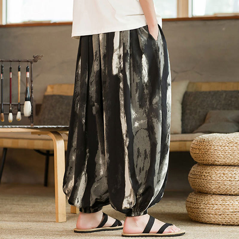 Pantalones harén de lino y algodón con degradado de tinta blanca y negra con Buddha Stones y cordón trenzado para hombre con bolsillos - image 4