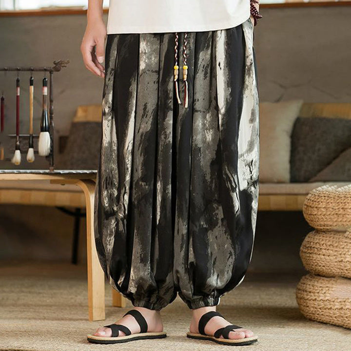 Pantalones harén de lino y algodón con degradado de tinta blanca y negra con Buddha Stones y cordón trenzado para hombre con bolsillos - image 2