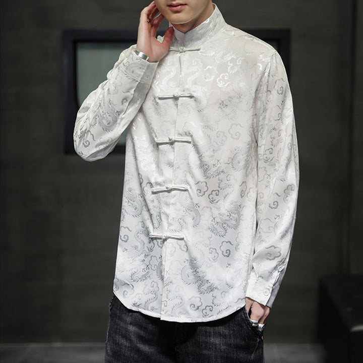 Chaqueta y camisa de lino para hombre con diseño informal de dragón y botones de Buddha Stones - Fantasma blanco - US/UK/AU46, EU56 (5XL) - image 10