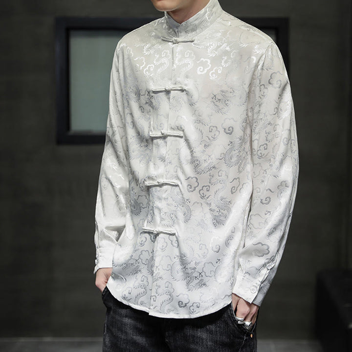 Chaqueta y camisa de lino para hombre con diseño informal de dragón y botones de Buddha Stones - image 13