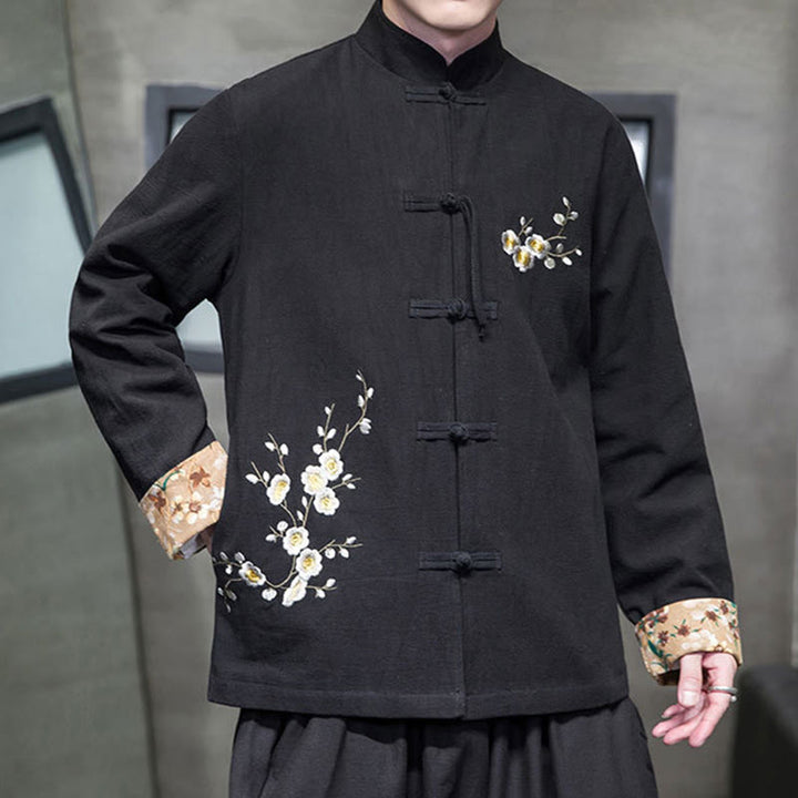 Chaqueta y camisa de lino y algodón para hombre, traje Tang con botones de rana y diseño de flores y puños bordados con Buddha Stones y flores de ciruelo  - image 5