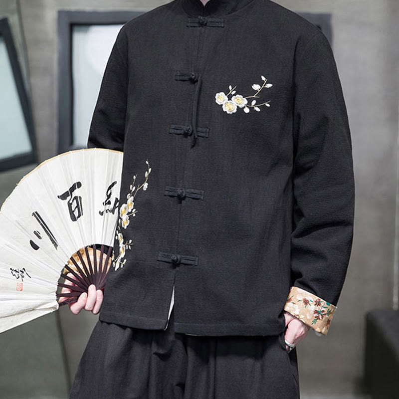 Chaqueta y camisa de lino y algodón para hombre, traje Tang con botones de rana y diseño de flores y puños bordados con Buddha Stones y flores de ciruelo  - image 3
