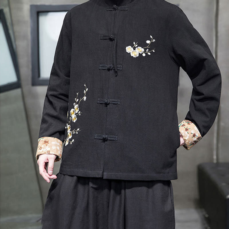 Chaqueta y camisa de lino y algodón para hombre, traje Tang con botones de rana y diseño de flores y puños bordados con Buddha Stones y flores de ciruelo  - image 2