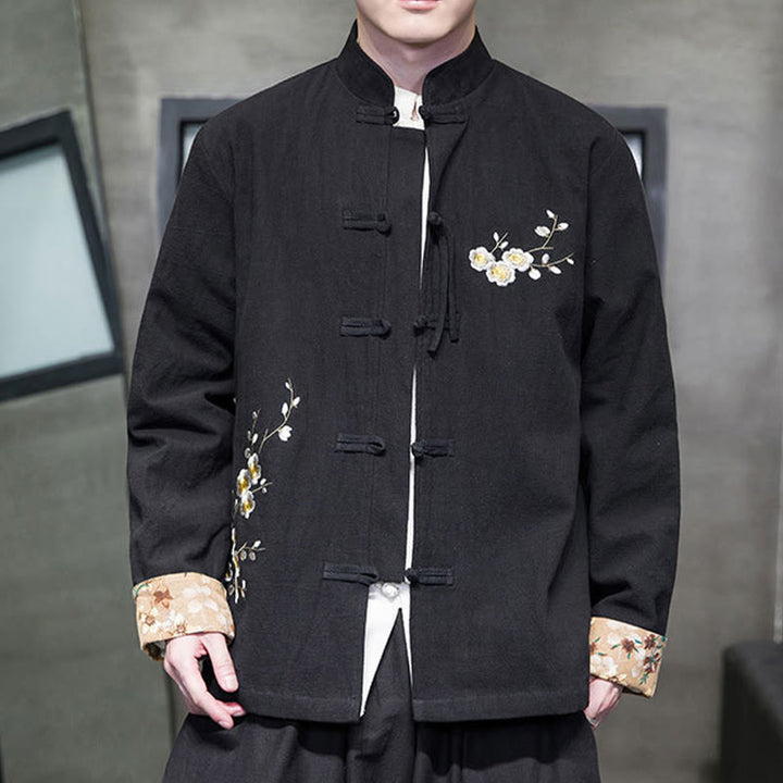 Chaqueta y camisa de lino y algodón para hombre, traje Tang con botones de rana y diseño de flores y puños bordados con Buddha Stones y flores de ciruelo  - Negro - US/UK/AU46, EU56 (5XL) - image 1
