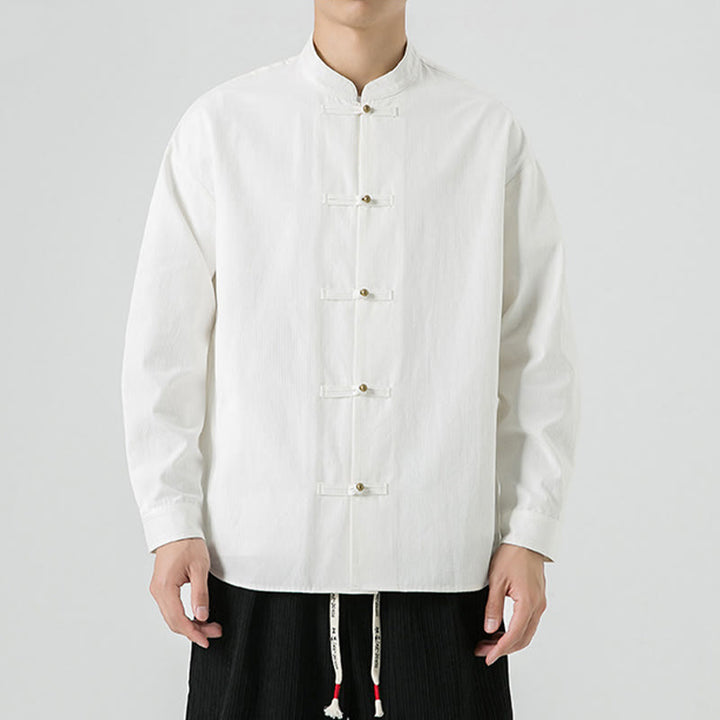 Chaqueta y camisa de algodón para hombre con botones de rana y Buddha Stones en color liso  - image 15