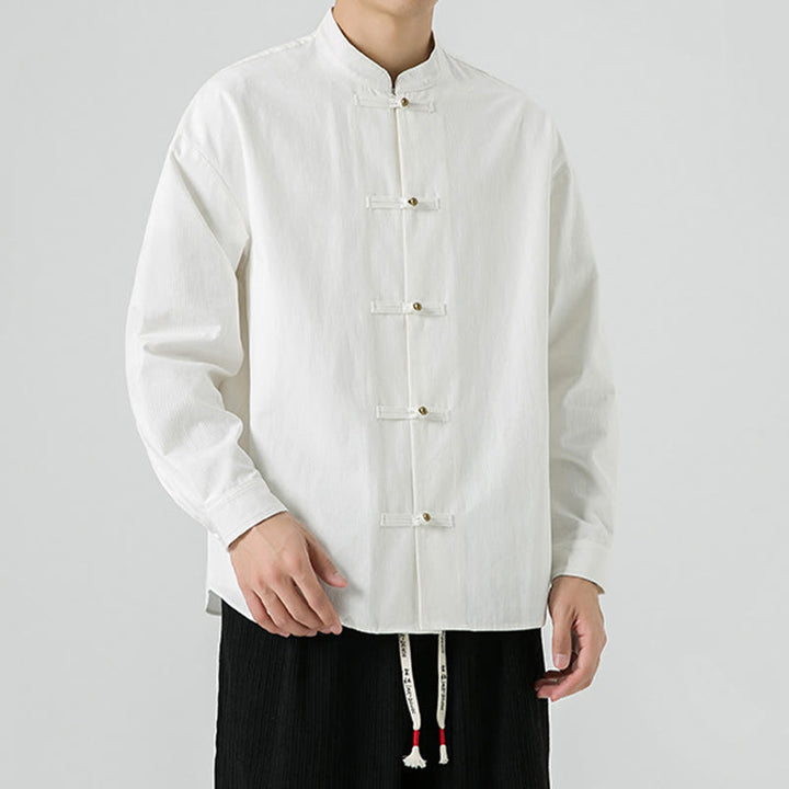 Chaqueta y camisa de algodón para hombre con botones de rana y Buddha Stones en color liso  - image 16