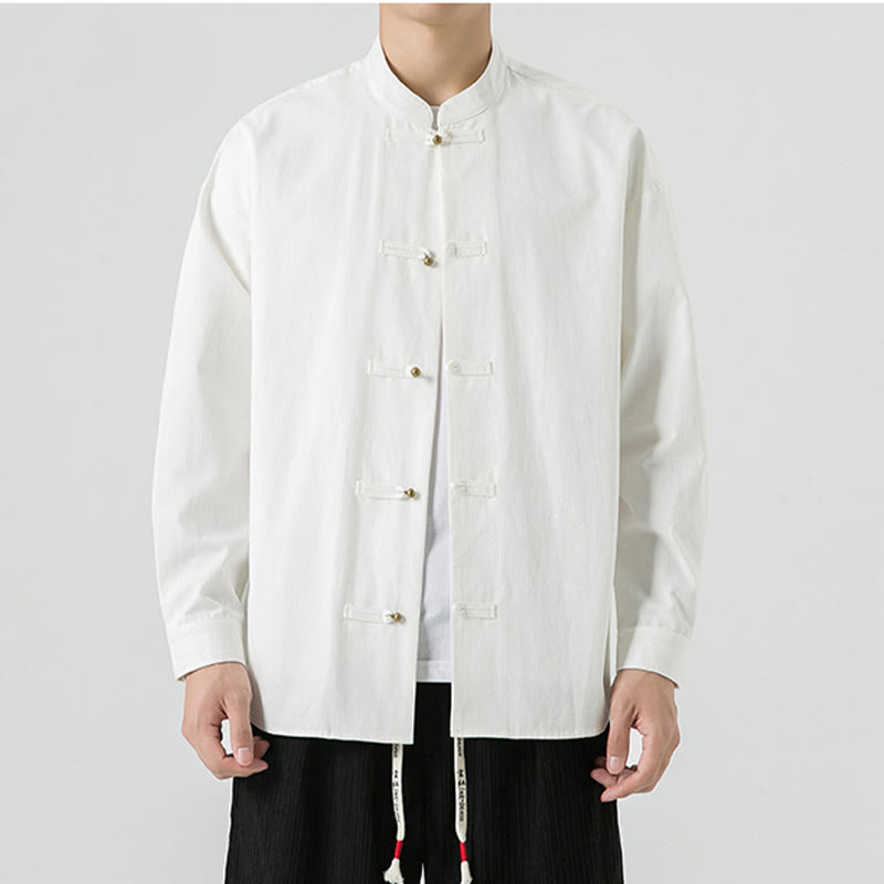 Chaqueta y camisa de algodón para hombre con botones de rana y Buddha Stones en color liso  - image 11