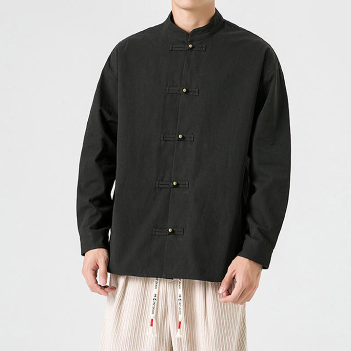 Chaqueta y camisa de algodón para hombre con botones de rana y Buddha Stones en color liso  - image 1