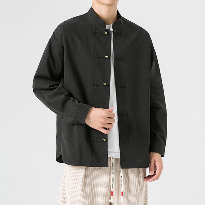 Chaqueta y camisa de algodón para hombre con botones de rana y Buddha Stones en color liso  - image 2